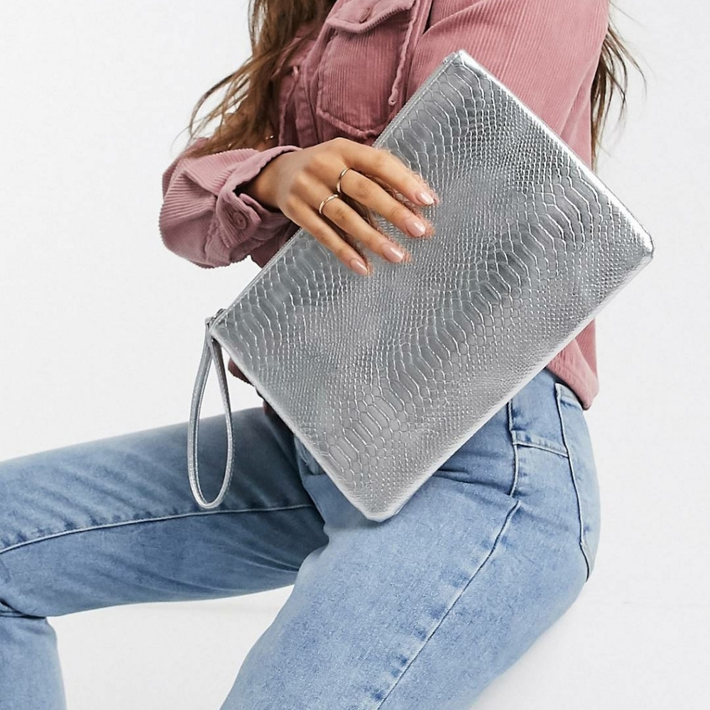 NWT Oversized Matellic / Silver Croc Clutch